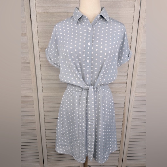 Polka Dot Shirt Dress with Front Tie Gray/White Dots-Medium - Picture 1 of 3